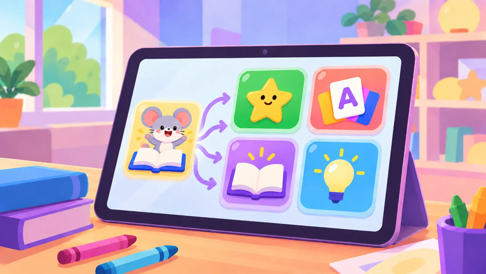 A tablet on a child's desk showing a cartoon mouse on a reading card, with arrows pointing from it to four other app tiles: a star, a stack of letter cards, an open book and a lightbulb.