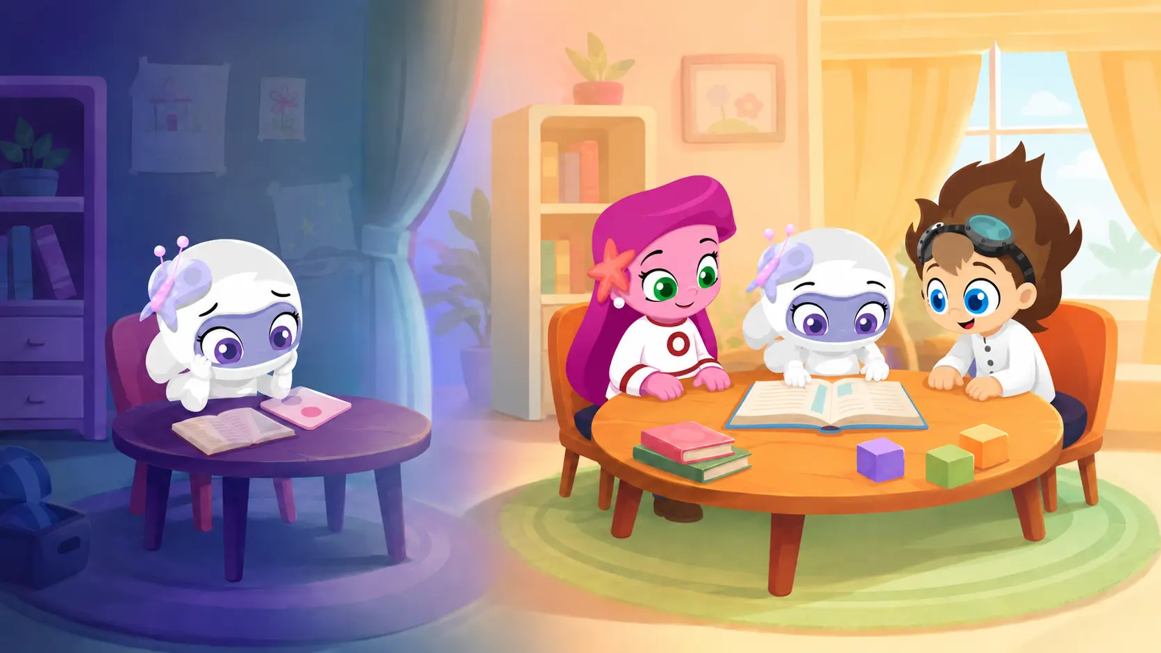The same Wonster Words character twice. On the left, alone at a table in a dim room, chin on hands over an open book. On the right, in a bright room, reading one book together with two other children.