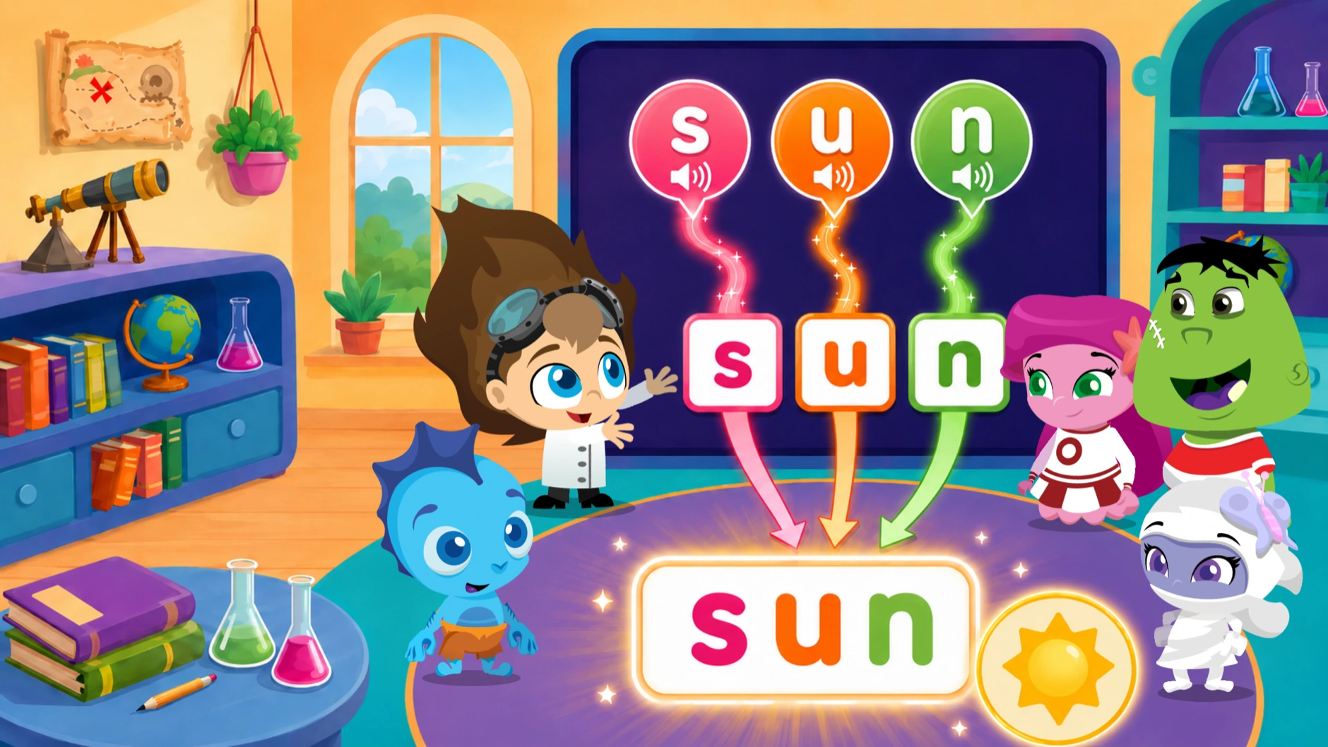 Three sound bubbles ("s", "u" and "n") streaming down into the letter tiles below and joining into the whole word "sun", watched by the Wonster Words characters.