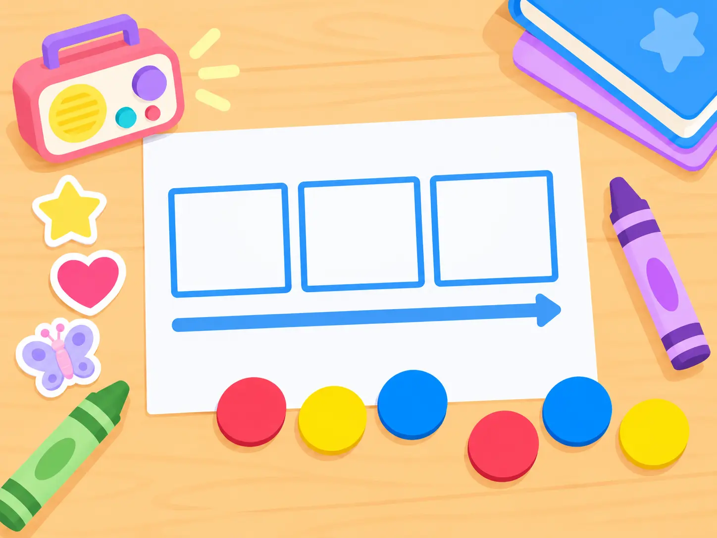 A sheet of paper on a wooden table printed with a row of three empty boxes above a left-to-right arrow, with a scatter of red, yellow, and blue counters below it waiting to be pushed in. Crayons, stickers and a stack of books sit around it.