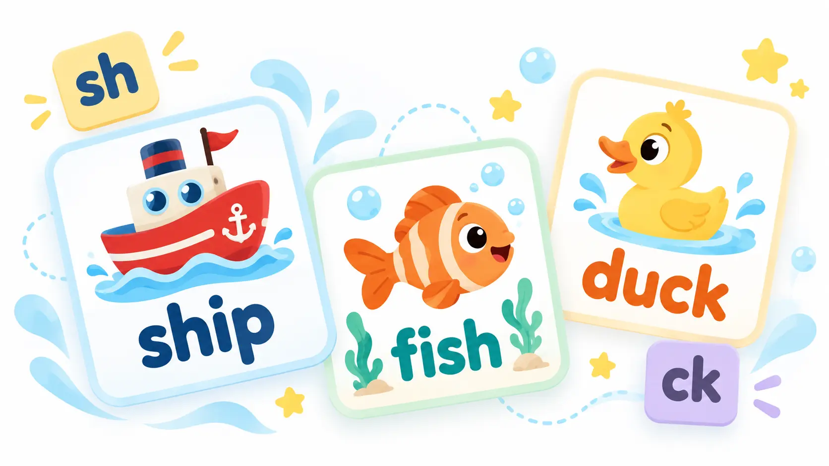 Picture cards for ship, fish and duck, with letter tiles showing the sh and ck spellings those words teach.