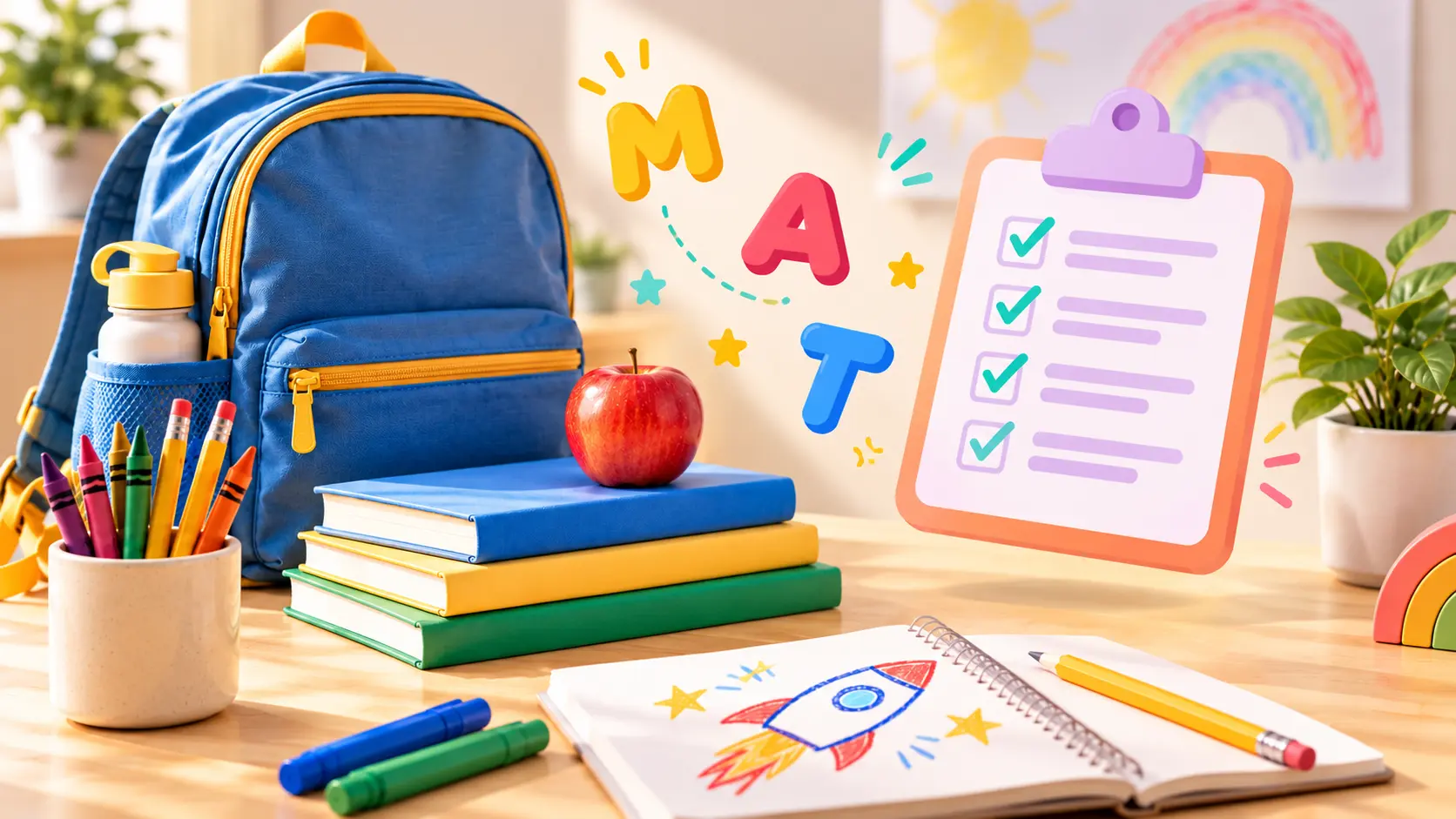 A kindergarten desk scene: a blue backpack, a stack of three books with a red apple on top, a cup of crayons and pencils, and an open notebook with a crayon drawing of a rocket. Chunky toy letters spell M, A, and T in the air above the books, and a clipboard beside them shows a four-item checklist with every box ticked.