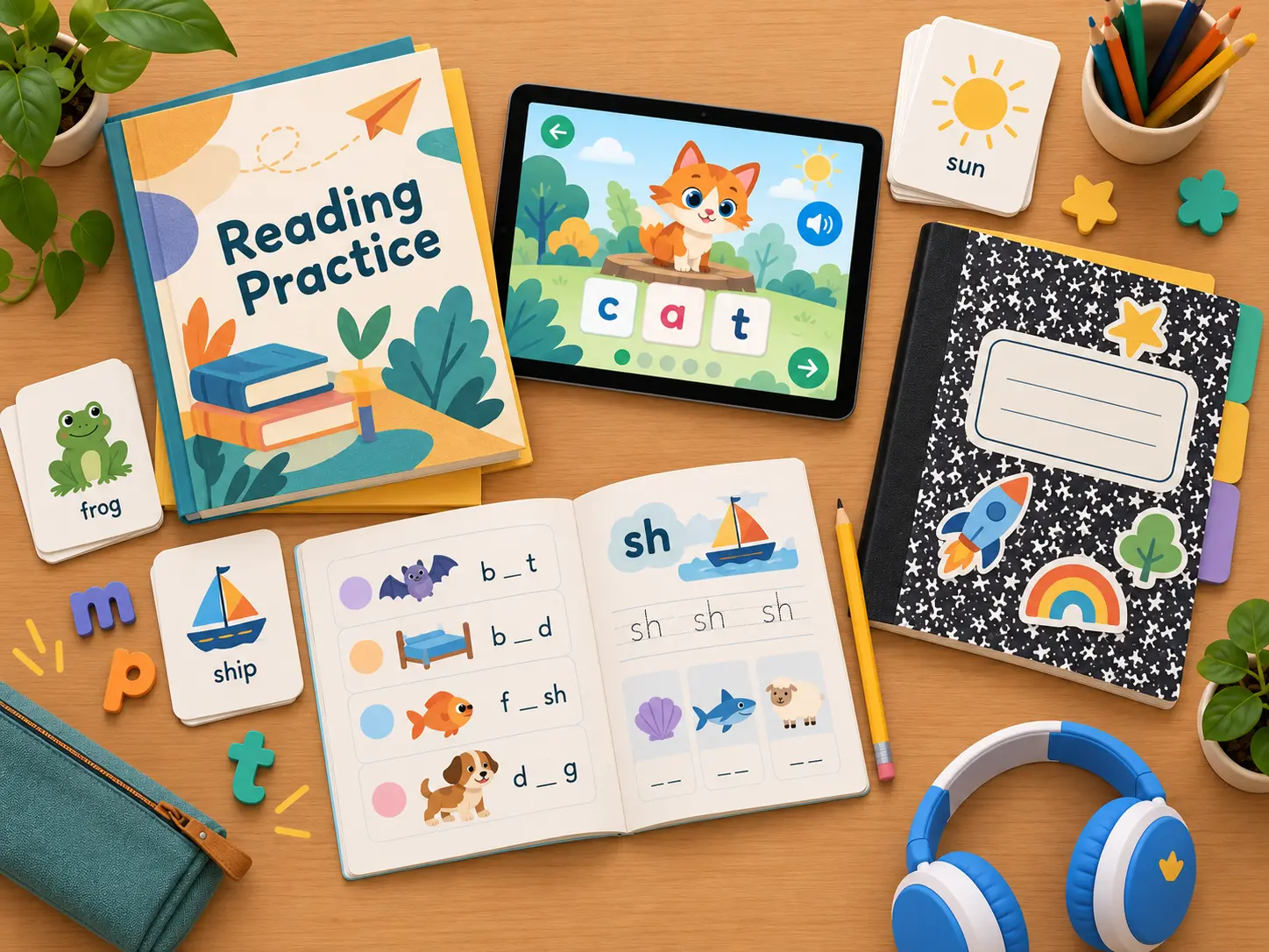 Three ways to teach phonics on one desk: a curriculum book titled “Reading Practice,” a tablet showing a cartoon cat above the letter tiles c-a-t, and an open workbook with fill-in-the-vowel words (b_t, b_d, f_sh, d_g) and a page tracing “sh.” Picture cards for “frog,” “ship,” and “sun” sit around them.