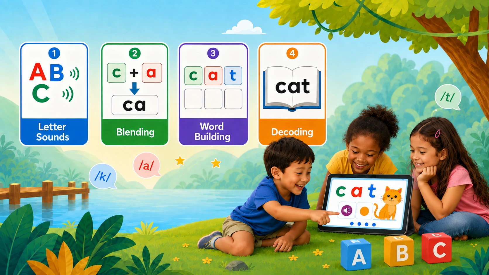 The four stages a phonics app teaches, as numbered cards (letter sounds, blending, word building, decoding), beside three children sounding out “cat” together on a tablet.