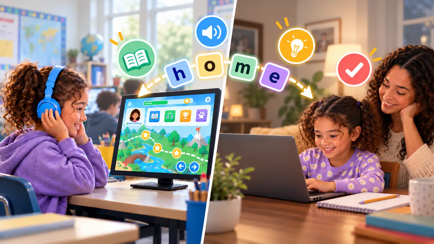 A child doing reading practice in two places: at school, with headphones on, working through a reading program on a classroom computer, and at home on a laptop with a parent beside her. Letter tiles spelling "home" arc between the two screens, carrying the same skills from the school program to practice at home.
