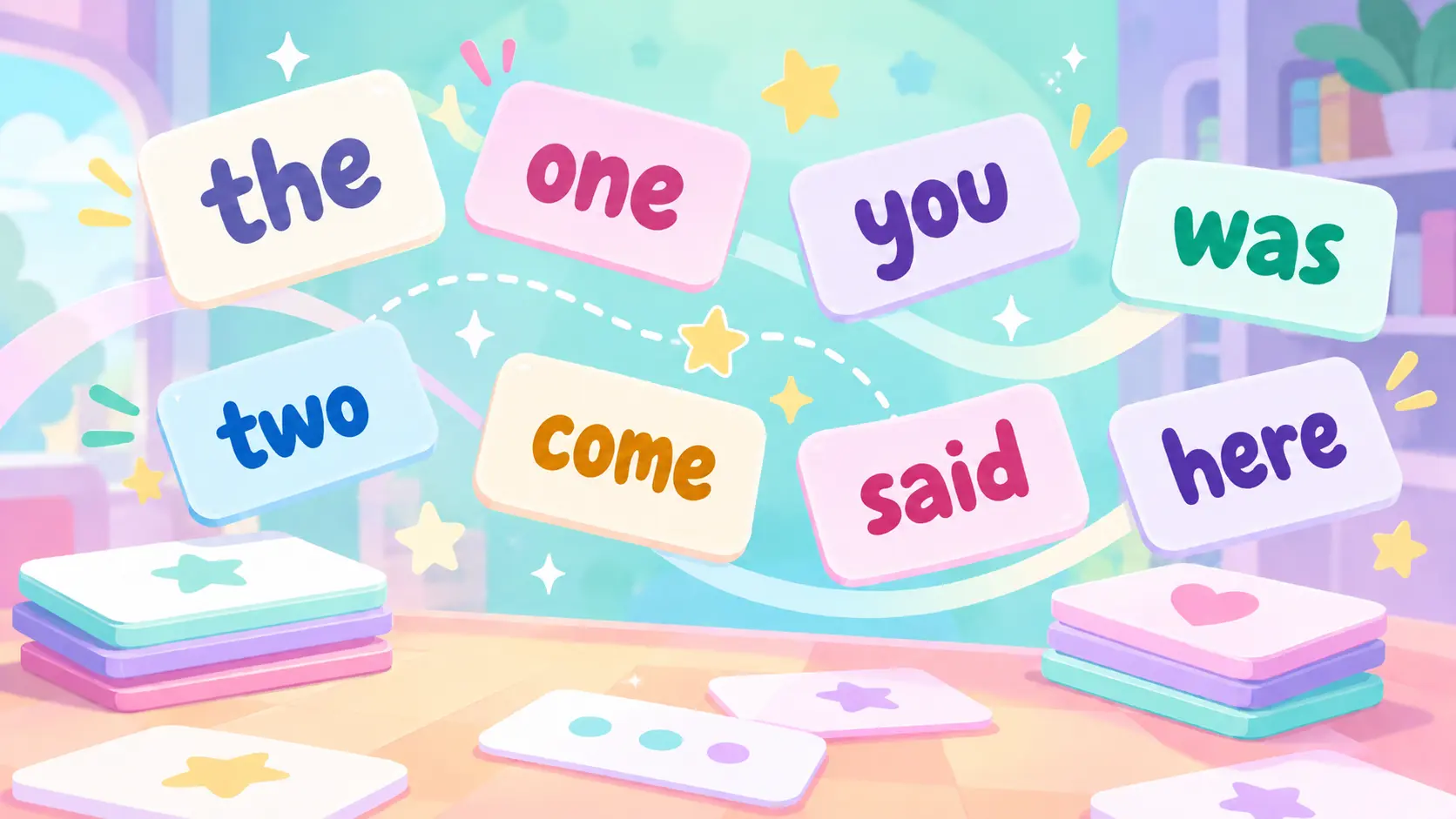 Eight word cards floating above stacks of flashcards on a table, showing the sight words the, one, you, was, two, come, said and here.