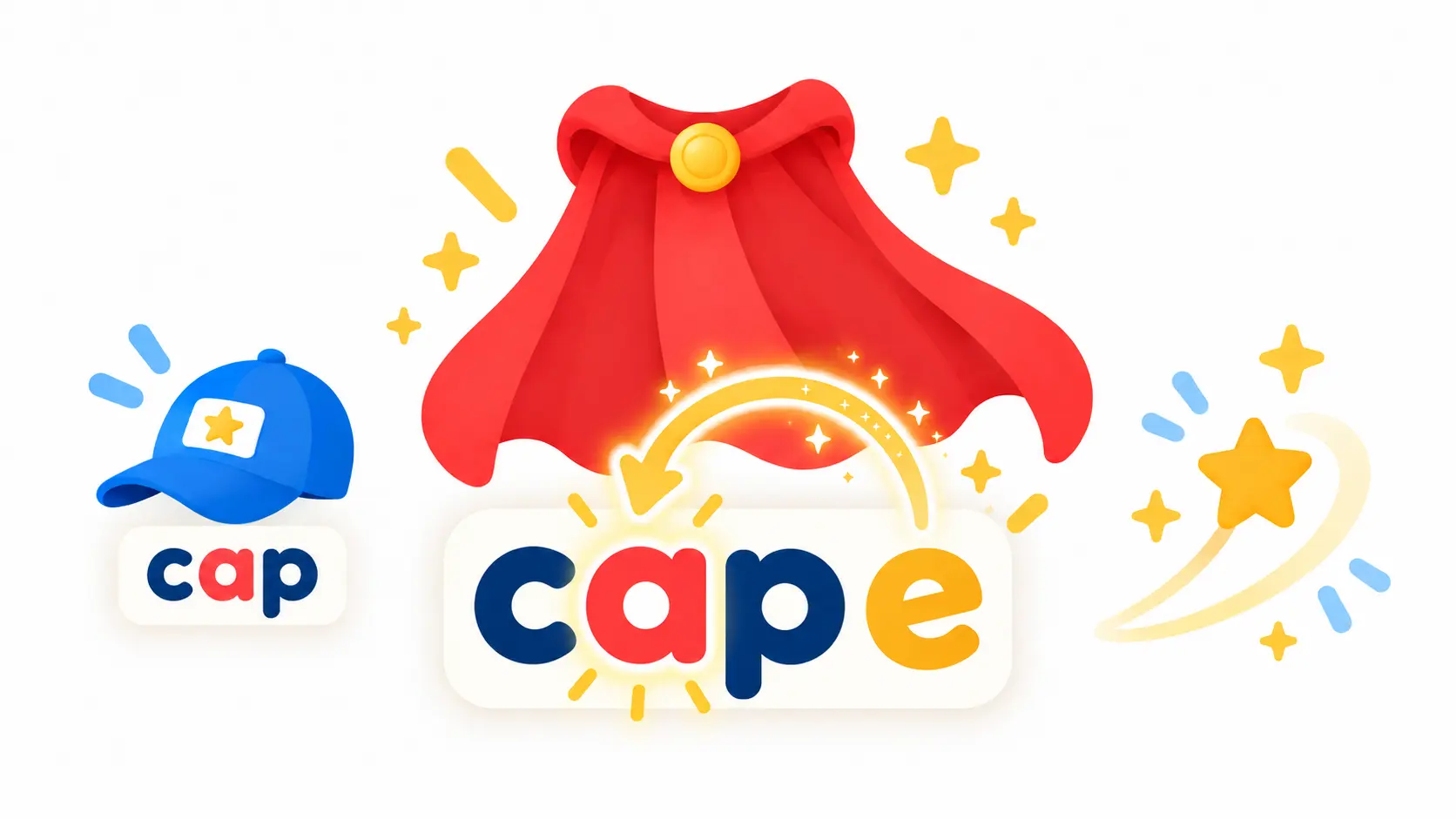 A cap card beside a cape card, with a superhero cape above it, showing how adding a silent e turns cap into cape.