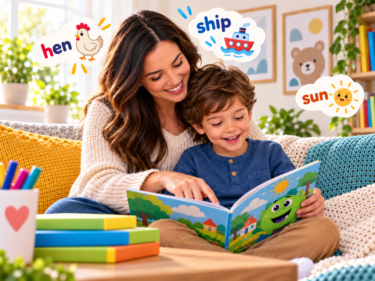 A mother and her young son reading a picture book together on a sofa at home, the boy holding the book open while she points to the page, which shows a smiling green monster. Floating around them are three short words, each beside its picture: “hen” with a hen, “ship” with a ship, and “sun” with a sun.