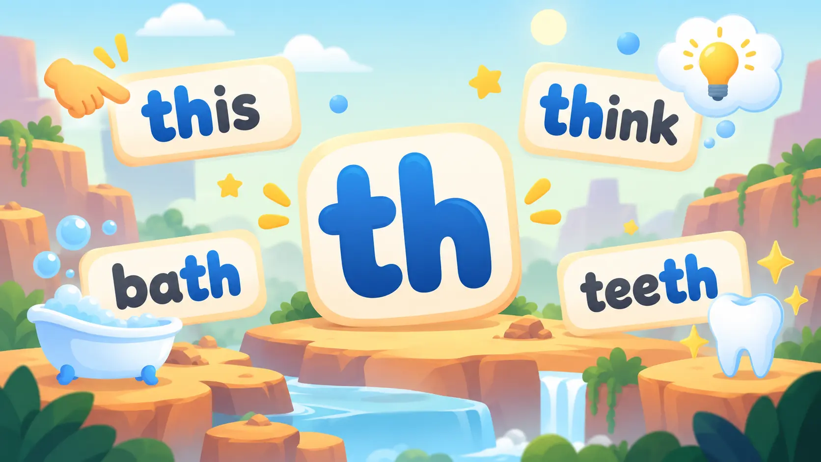 A large th tile surrounded by word cards reading this, think, bath and teeth.