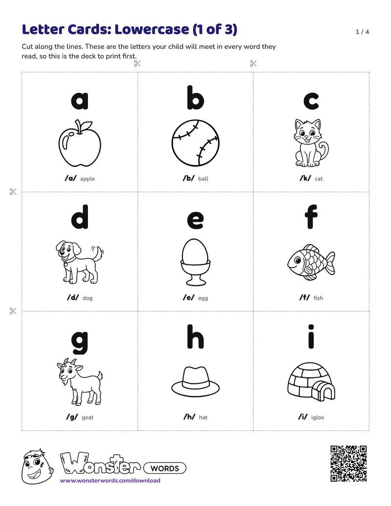 Page 1 of the Letter Cards: Lowercase worksheet (4 pages): 26 cards