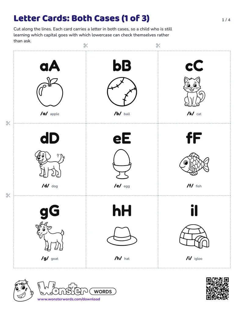 Page 1 of the Letter Cards: Both Cases worksheet (4 pages): 26 cards