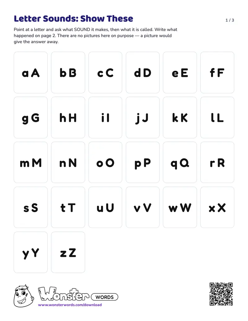 Page 1 of the Letter Sound Checklist worksheet (3 pages): 26 letters