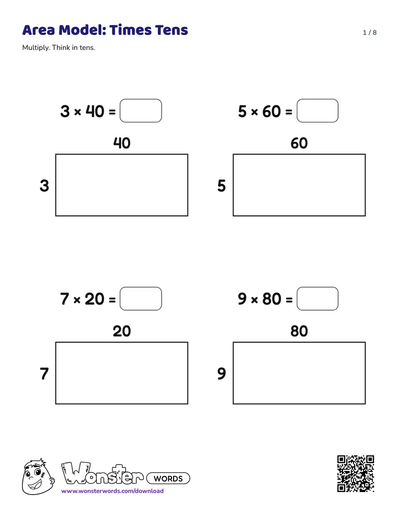 Page 1 of the Area Model Multiplication worksheet (8 pages): 24 problems, answer key included
