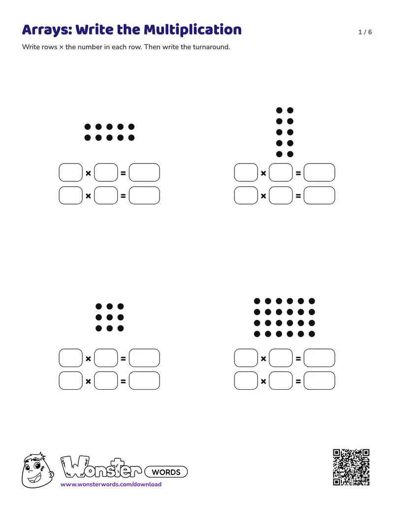 Page 1 of the Arrays: Write the Multiplication worksheet (6 pages): 16 arrays, answer key included