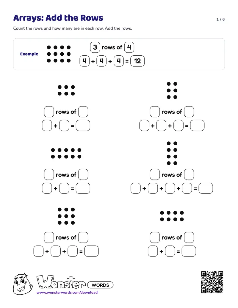 Page 1 of the Arrays: Add the Rows worksheet (6 pages): 24 arrays, answer key included