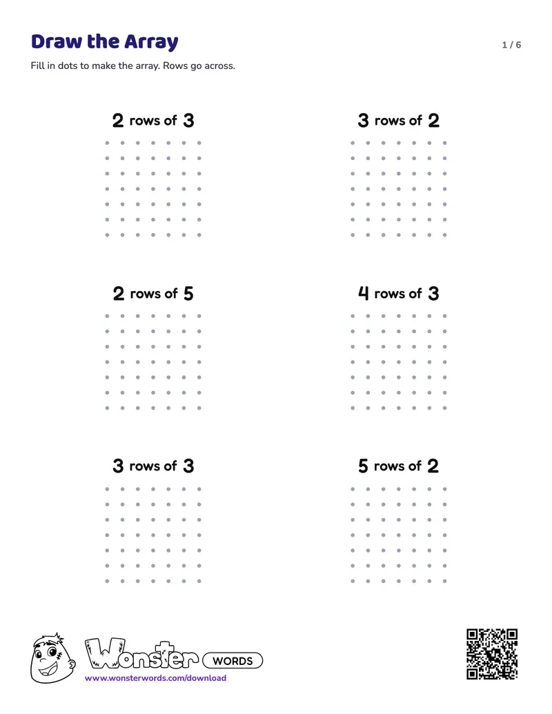 Page 1 of the Draw the Array worksheet (6 pages): 24 arrays, answer key included