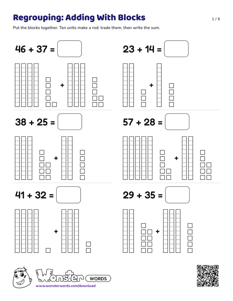 Page 1 of the Base Ten Blocks: Regrouping worksheet (6 pages): 24 numbers to write, answer key included