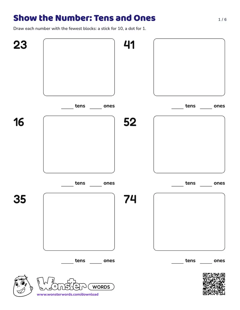 Page 1 of the Base Ten Blocks: Show the Number worksheet (6 pages): 24 numbers to write, answer key included