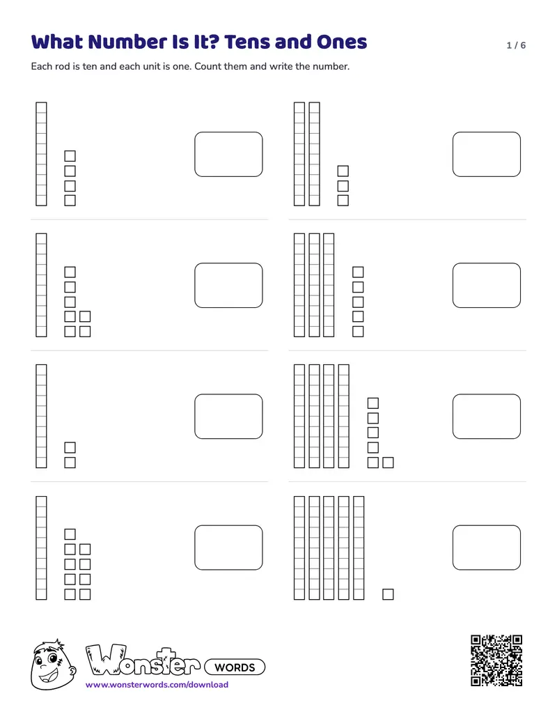 Page 1 of the Base Ten Blocks: What Number Is It? worksheet (6 pages): 29 numbers to write, answer key included