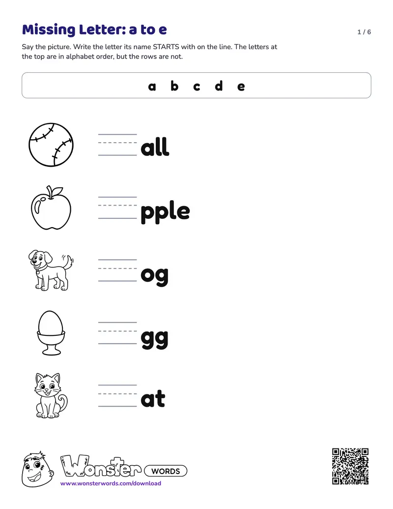 Page 1 of the Alphabet Missing Letter worksheet (6 pages): 25 letters, answer key included
