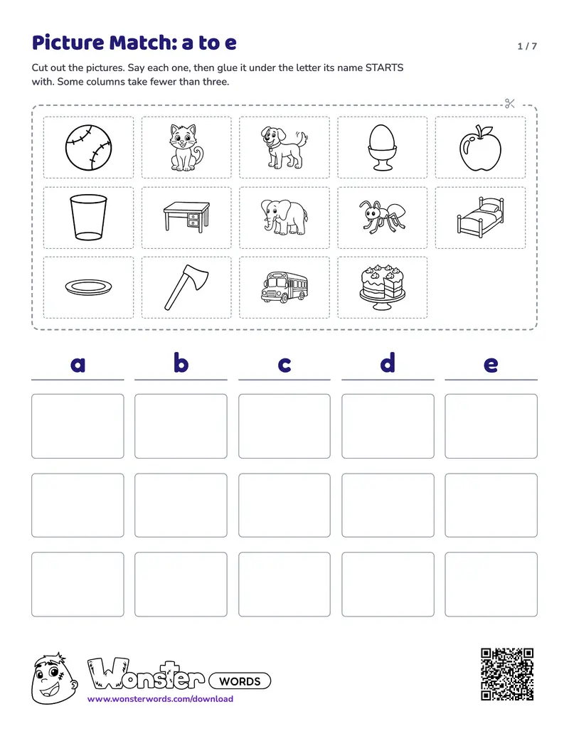 Page 1 of the Alphabet Picture Match worksheet (7 pages): 25 letters, answer key included