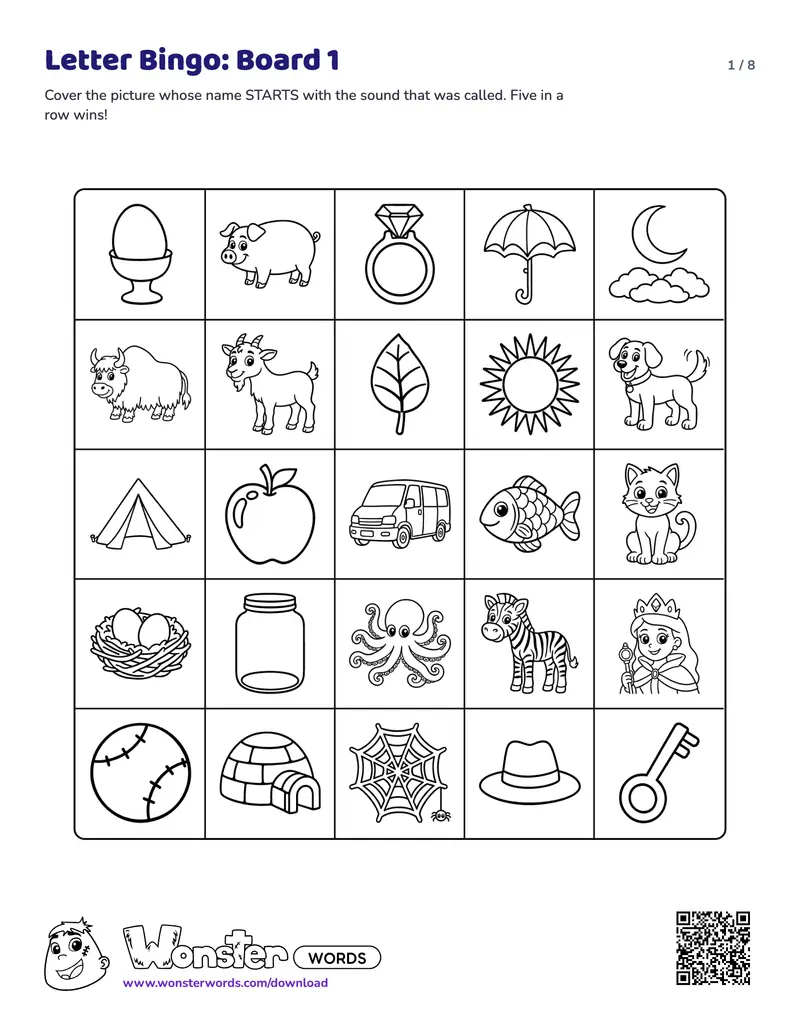 Page 1 of the Letter Bingo worksheet (8 pages): 25 letters