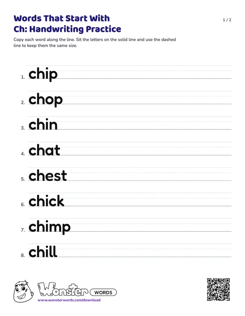 Page 1 of the Words That Start With Ch: Handwriting Practice worksheet (2 pages): 12 words