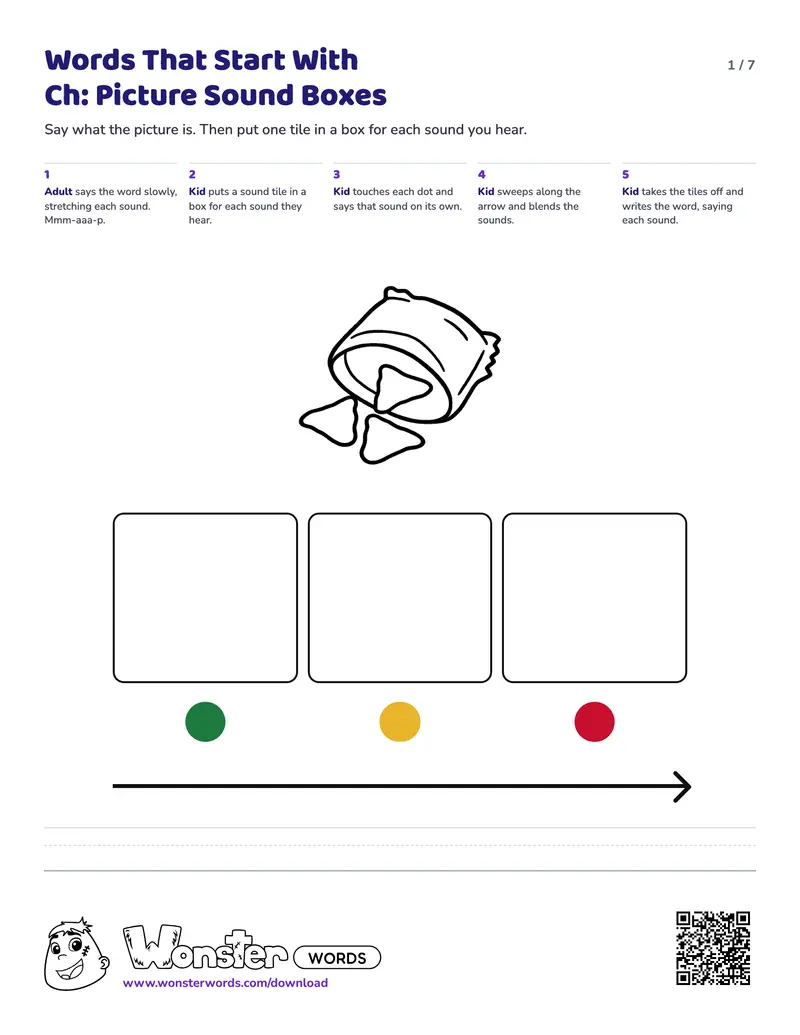 Page 1 of the Words That Start With Ch: Picture Sound Boxes worksheet (7 pages): 4 picture mats, answer key included