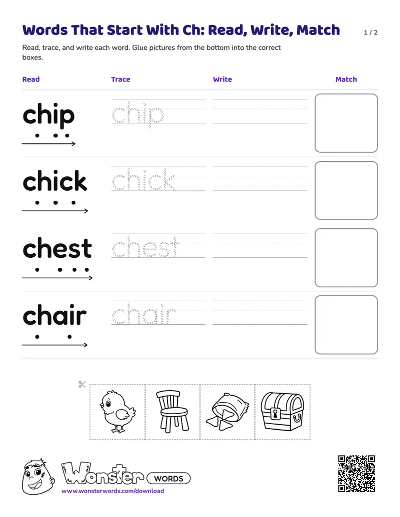 Page 1 of the Words That Start With Ch: Read, Write, Match worksheet (2 pages): 4 words, answer key included