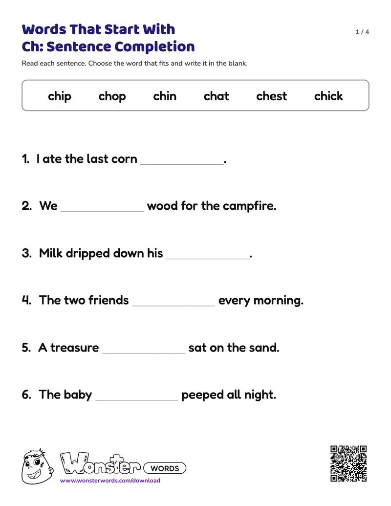Page 1 of the Words That Start With Ch: Sentence Completion worksheet (4 pages): 12 sentences, answer key included