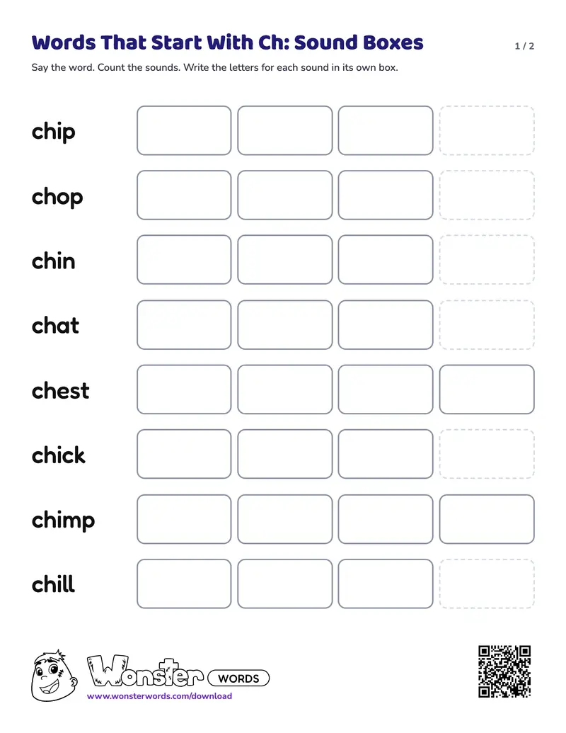 Page 1 of the Words That Start With Ch: Sound Boxes worksheet (2 pages): 8 words, answer key included