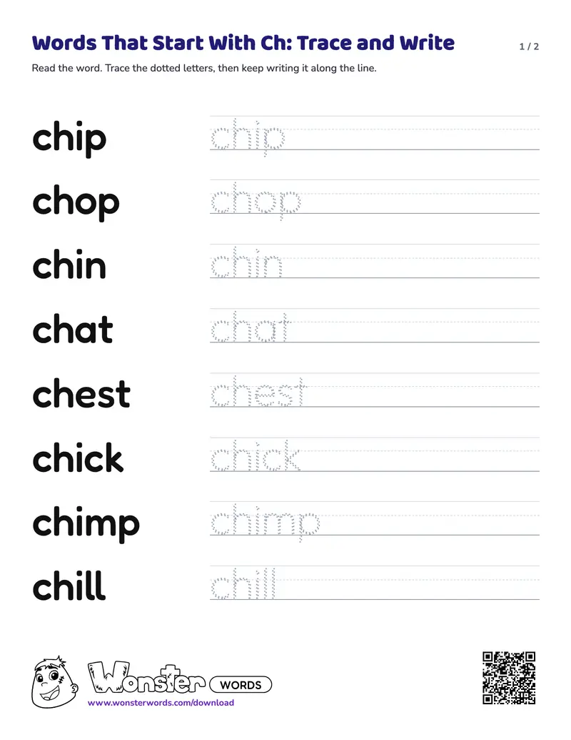 Page 1 of the Words That Start With Ch: Trace and Write worksheet (2 pages): 12 words