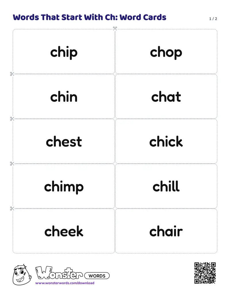 Page 1 of the Words That Start With Ch: Word Cards worksheet (2 pages): 12 cards