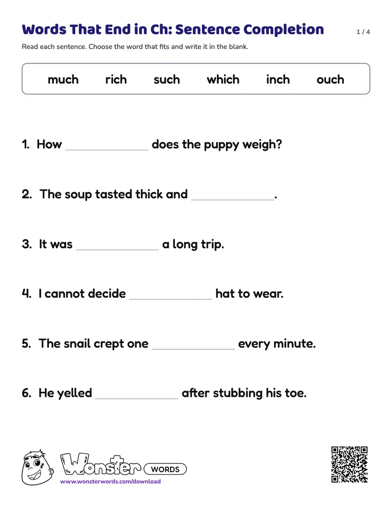 Page 1 of the Words That End in Ch: Sentence Completion worksheet (4 pages): 12 sentences, answer key included