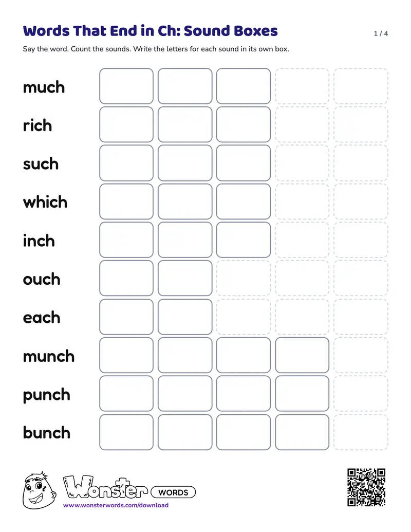 Page 1 of the Words That End in Ch: Sound Boxes worksheet (4 pages): 12 words, answer key included