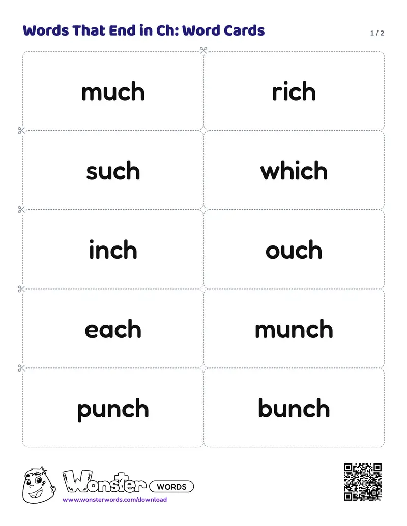 Page 1 of the Words That End in Ch: Word Cards worksheet (2 pages): 12 cards