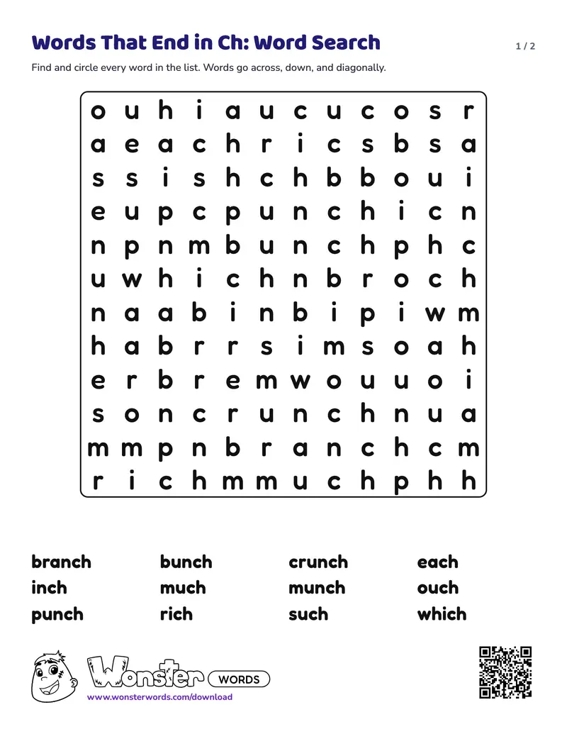 Page 1 of the Words That End in Ch: Word Search worksheet (2 pages): 12 words, answer key included