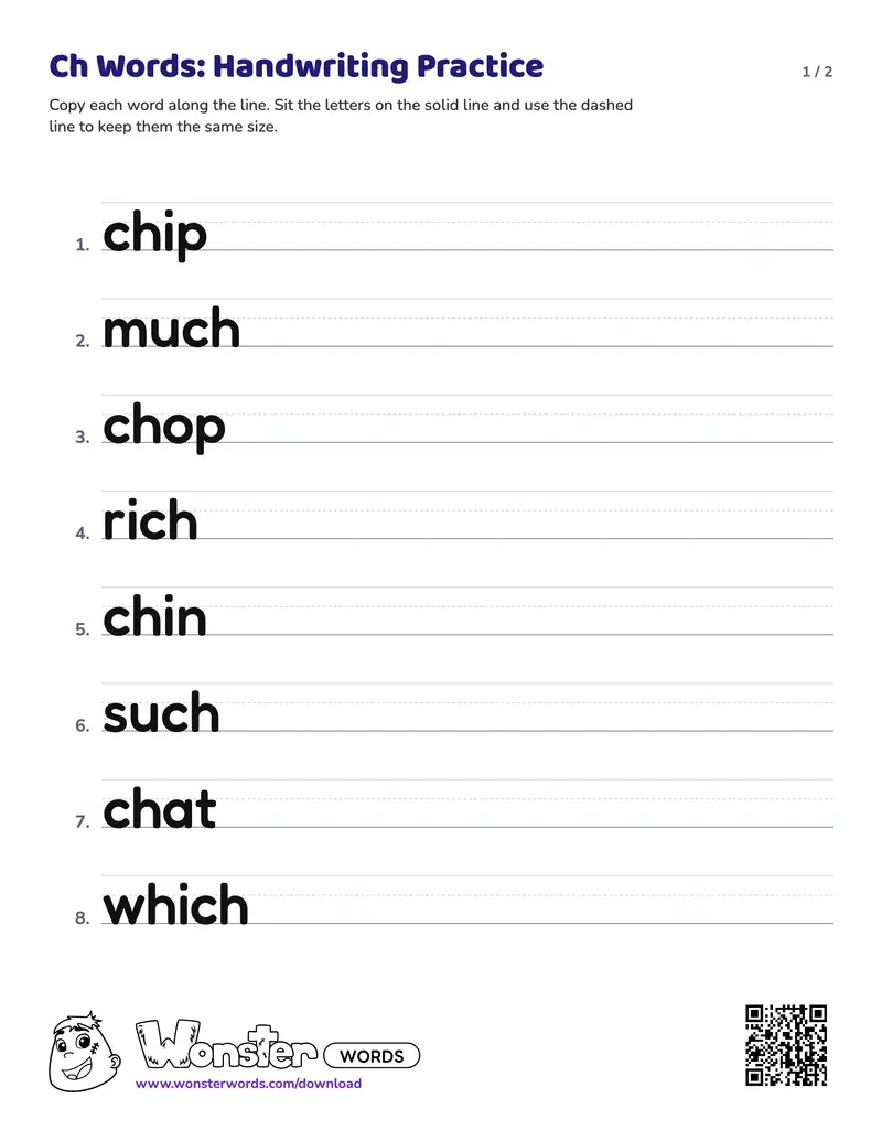 Page 1 of the Ch Words: Handwriting Practice worksheet (2 pages): 16 words