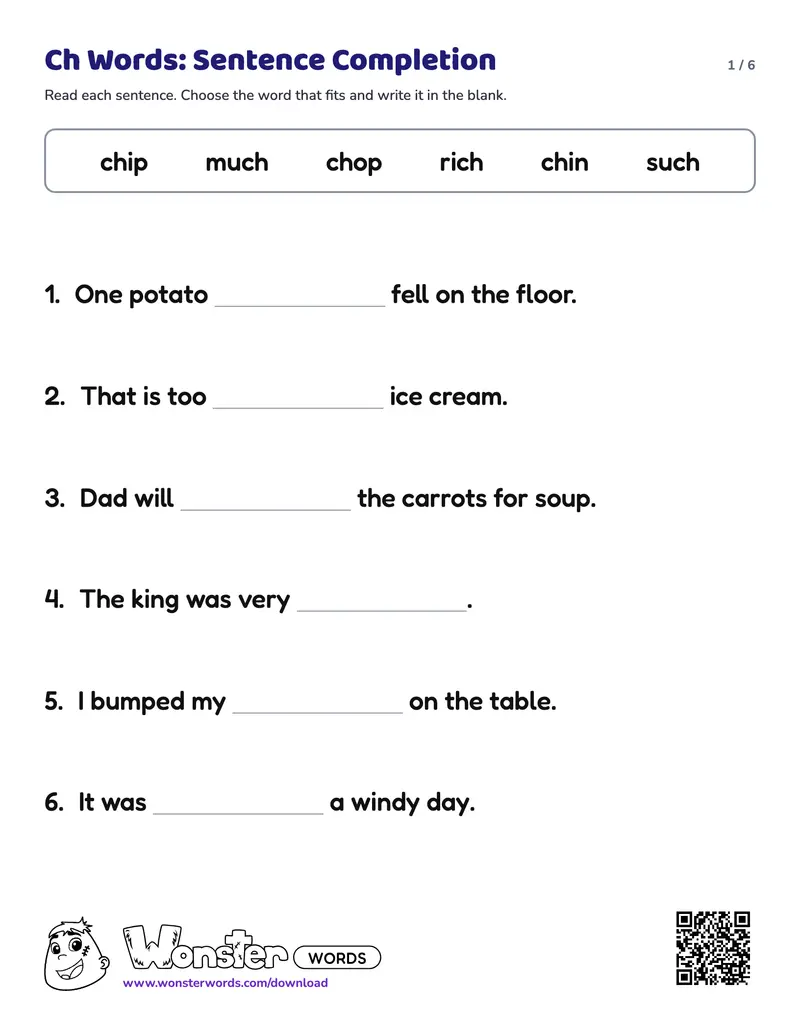 Page 1 of the Ch Words: Sentence Completion worksheet (6 pages): 16 sentences, answer key included