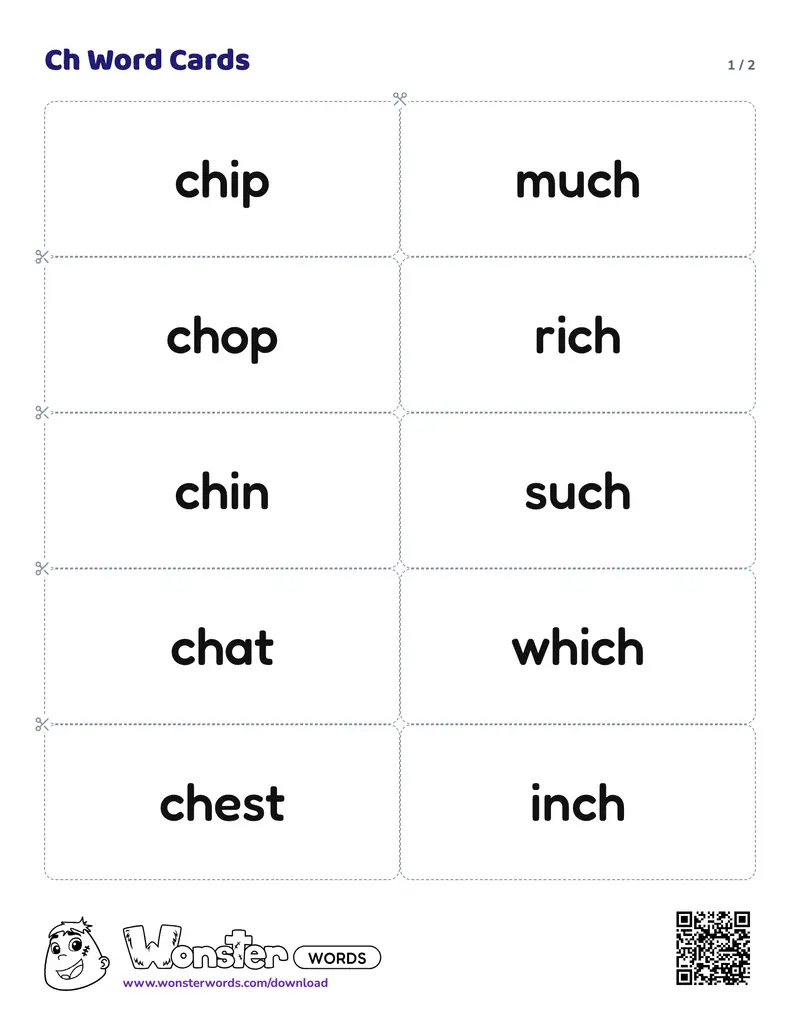 Page 1 of the Ch Word Cards worksheet (2 pages): 16 cards