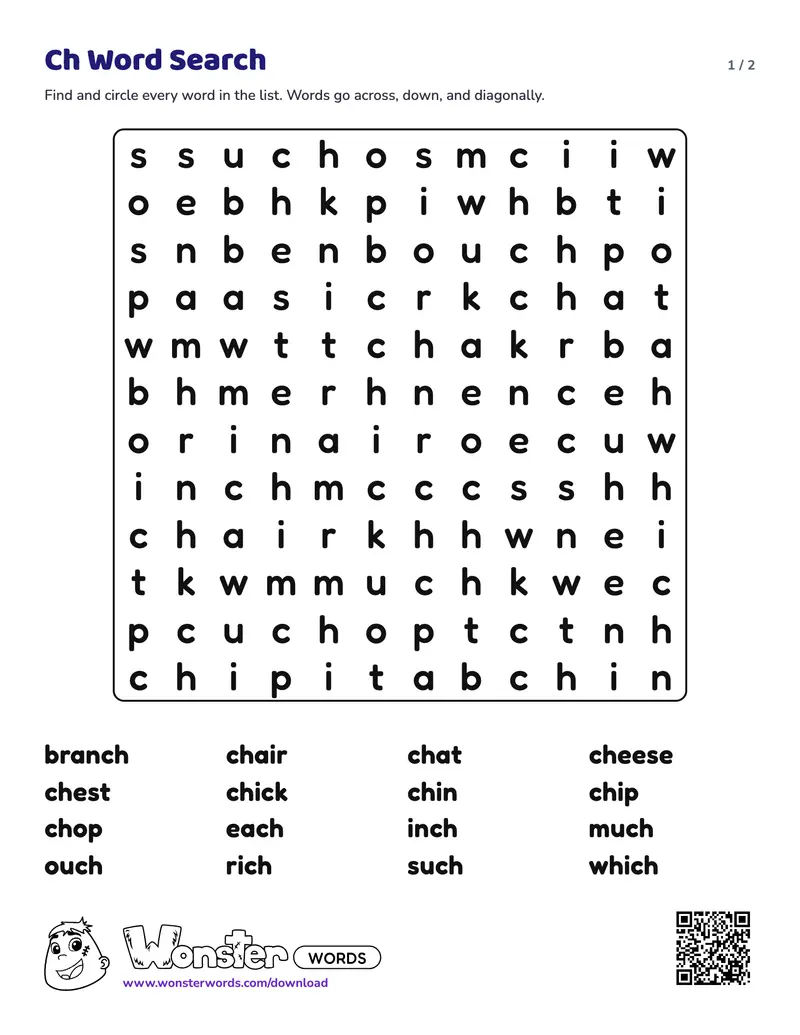 Page 1 of the Ch Word Search worksheet (2 pages): 16 words, answer key included