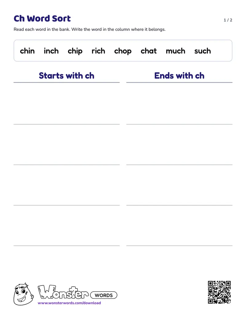 Page 1 of the Ch Word Sort worksheet (2 pages): 8 words, answer key included