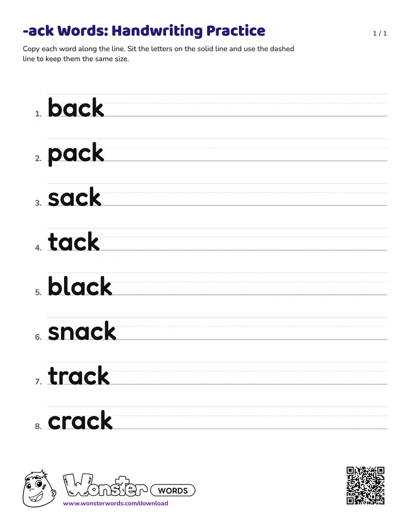 The -ack Words: Handwriting Practice worksheet: 8 words