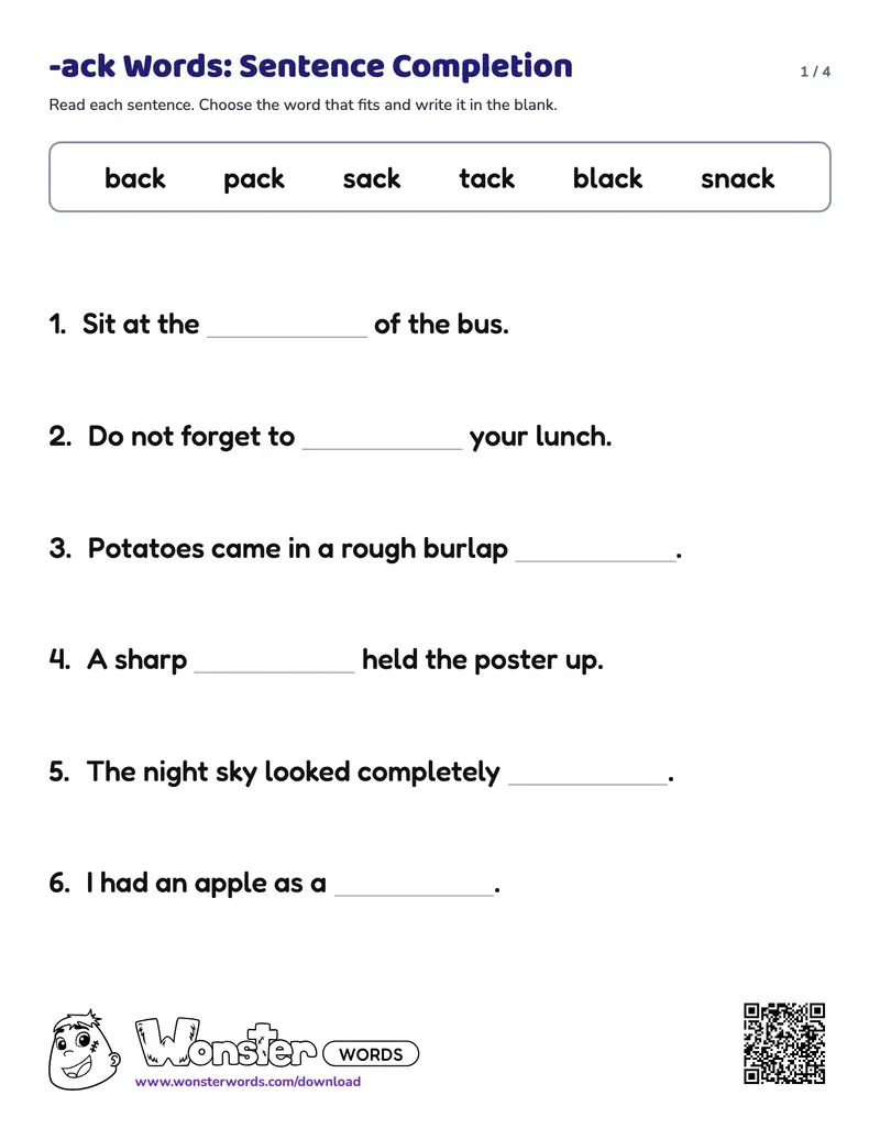 Page 1 of the -ack Words: Sentence Completion worksheet (4 pages): 8 sentences, answer key included