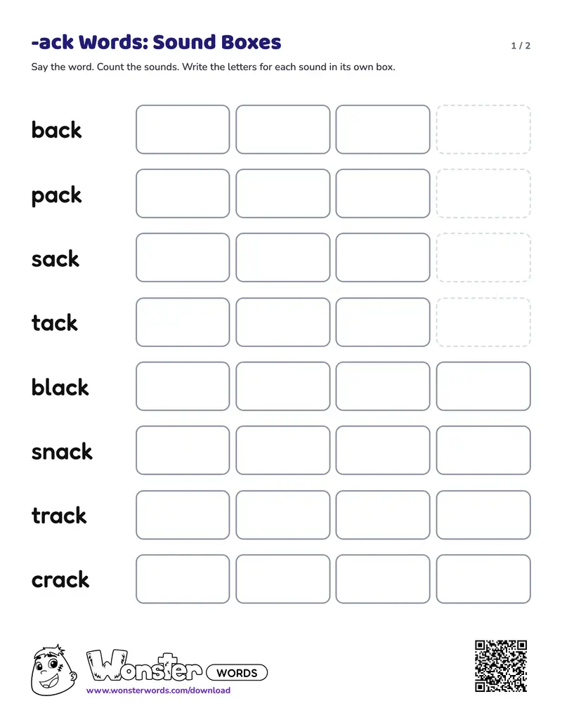 Page 1 of the -ack Words: Sound Boxes worksheet (2 pages): 8 words, answer key included