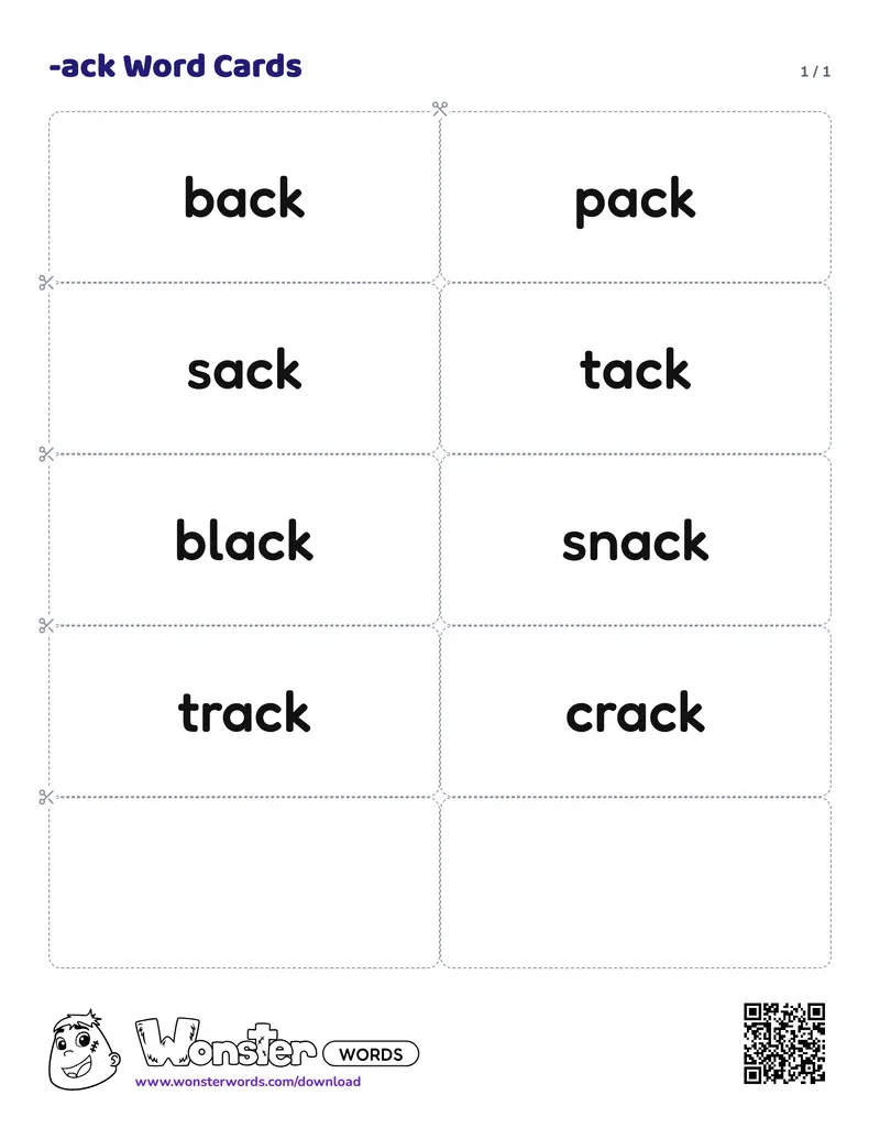 The -ack Word Cards worksheet: 8 cards