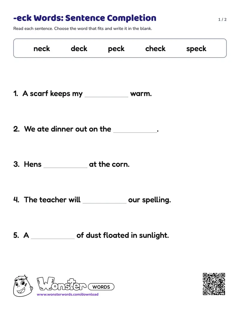 Page 1 of the -eck Words: Sentence Completion worksheet (2 pages): 5 sentences, answer key included