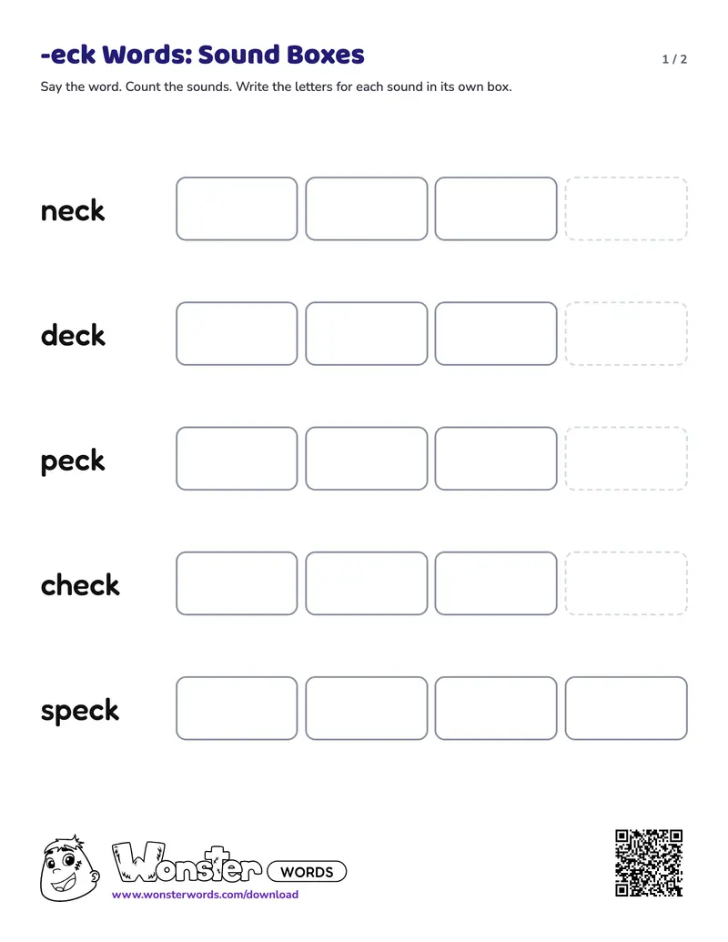 Page 1 of the -eck Words: Sound Boxes worksheet (2 pages): 5 words, answer key included