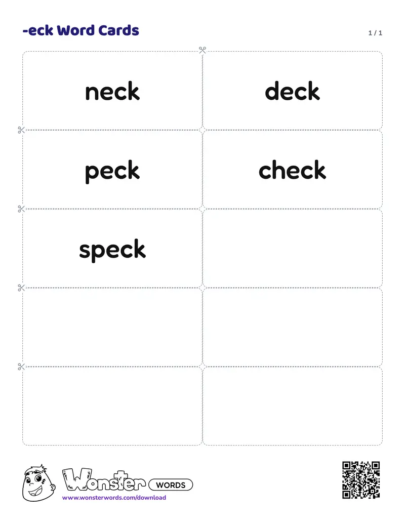 The -eck Word Cards worksheet: 5 cards