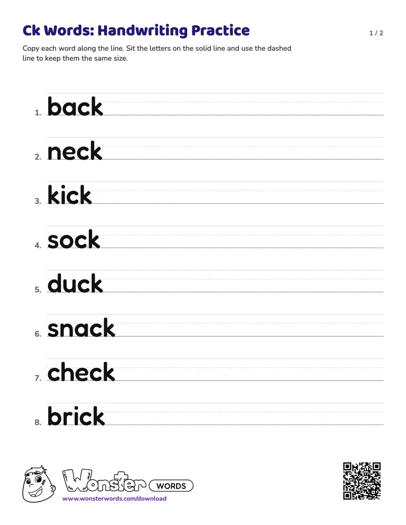 Page 1 of the Ck Words: Handwriting Practice worksheet (2 pages): 12 words